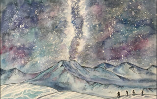 Watercolor mountain night sky Watercolor painting of mountains under the Milky Way